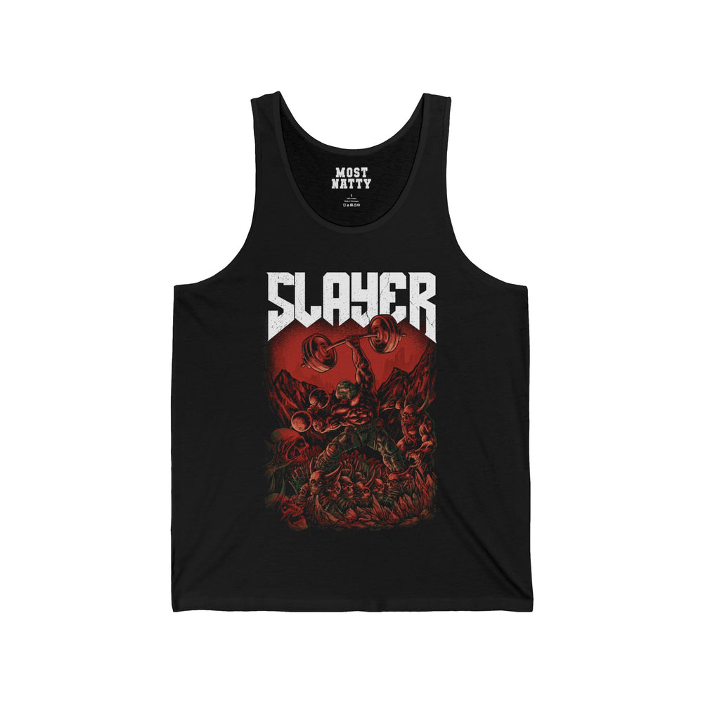 Most Natty Slayer gym tank top front flat lay on white background