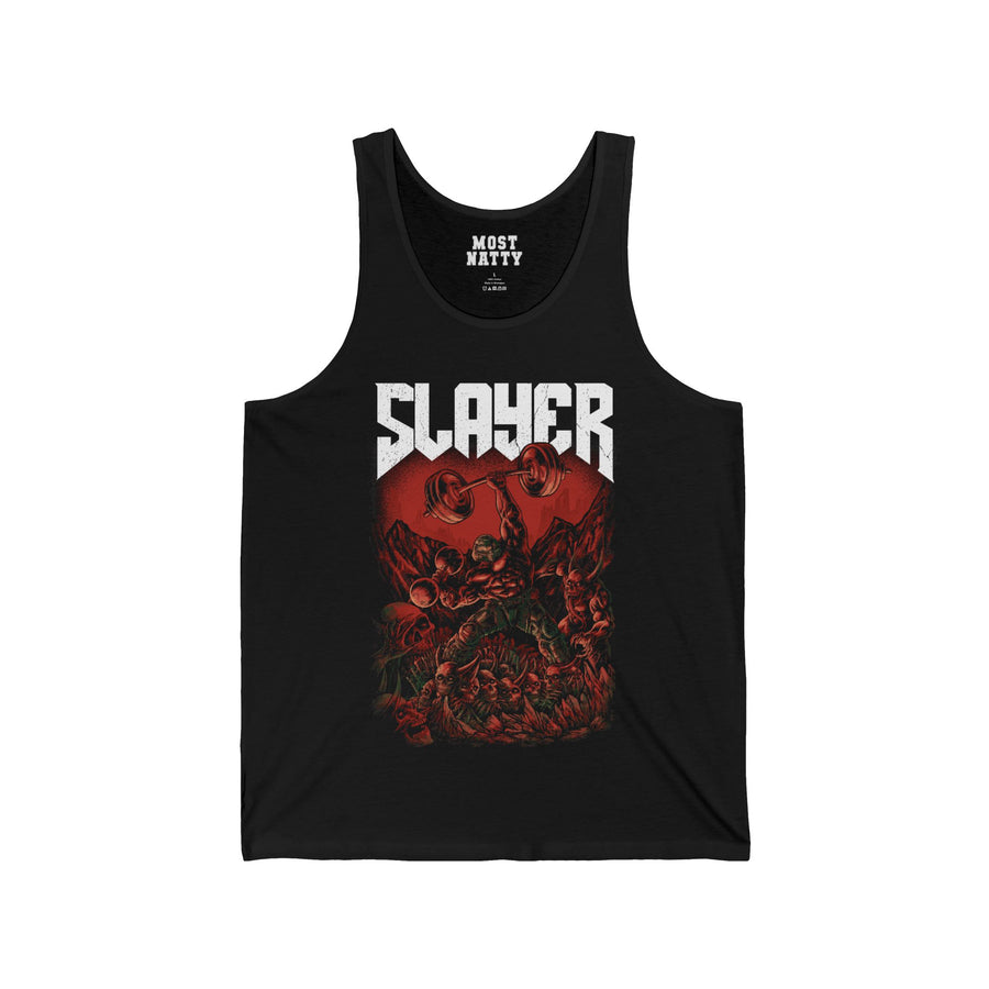 Most Natty Slayer gym tank top front flat lay on white background
