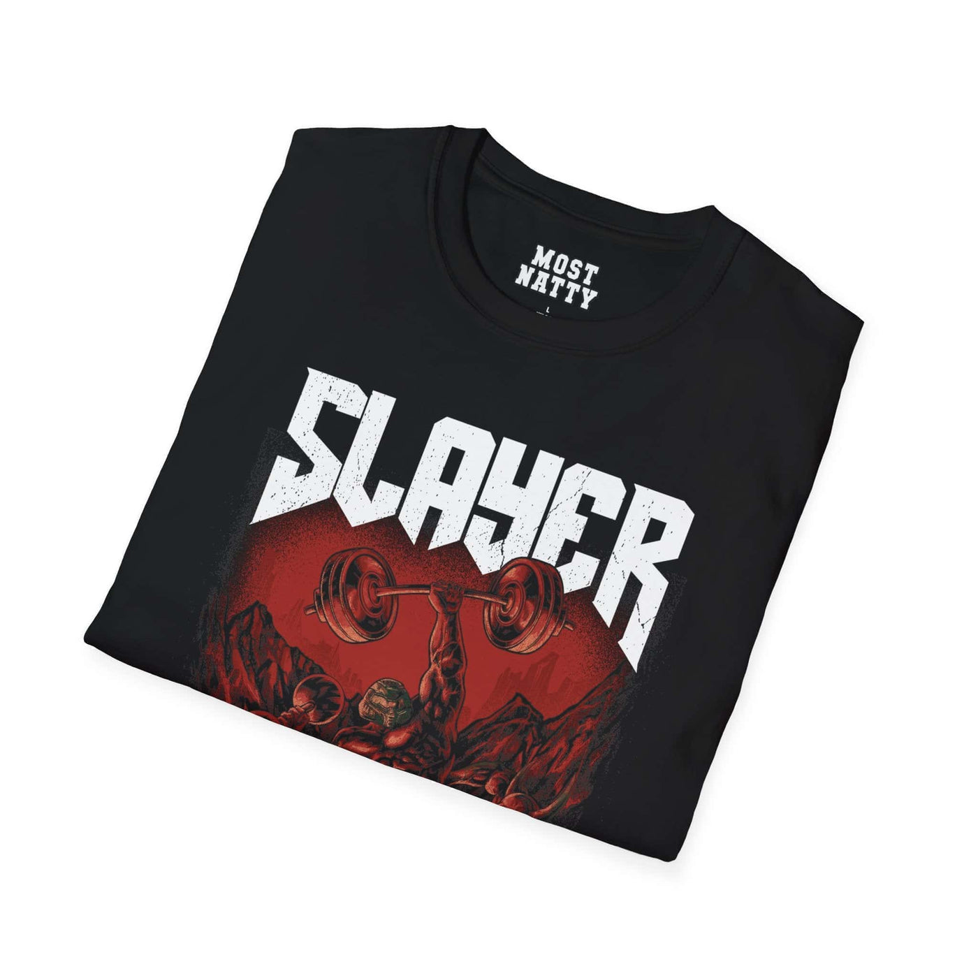 Most Natty Slayer gym t-shirt folded showing black garment fabric and classic fit