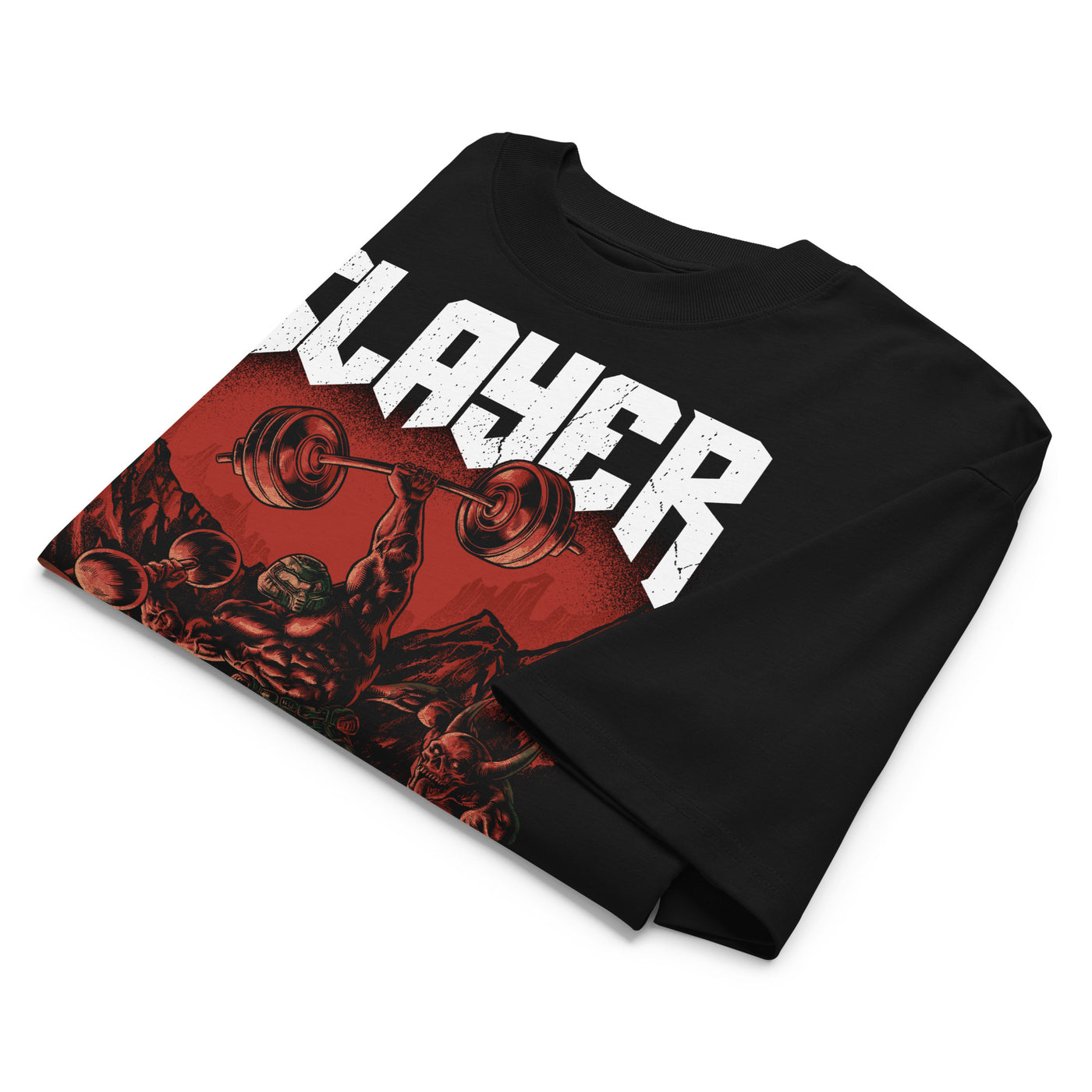 Most Natty Slayer oversized gym t-shirt folded showing black garment fabric and drop-shoulder cut
