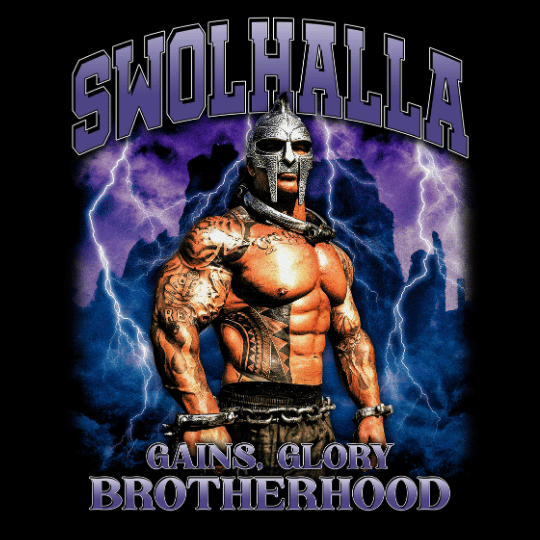 Swolhalla bootleg-style graphic featuring Rich Piana with Viking Valhalla imagery and bold typography by Most Natty