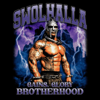 Swolhalla bootleg-style graphic featuring Rich Piana with Viking Valhalla imagery and bold typography by Most Natty