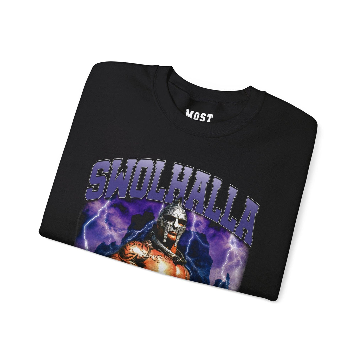 Rich Piana Swolhalla gym pump cover crewneck folded showing black fleece fabric and relaxed fit