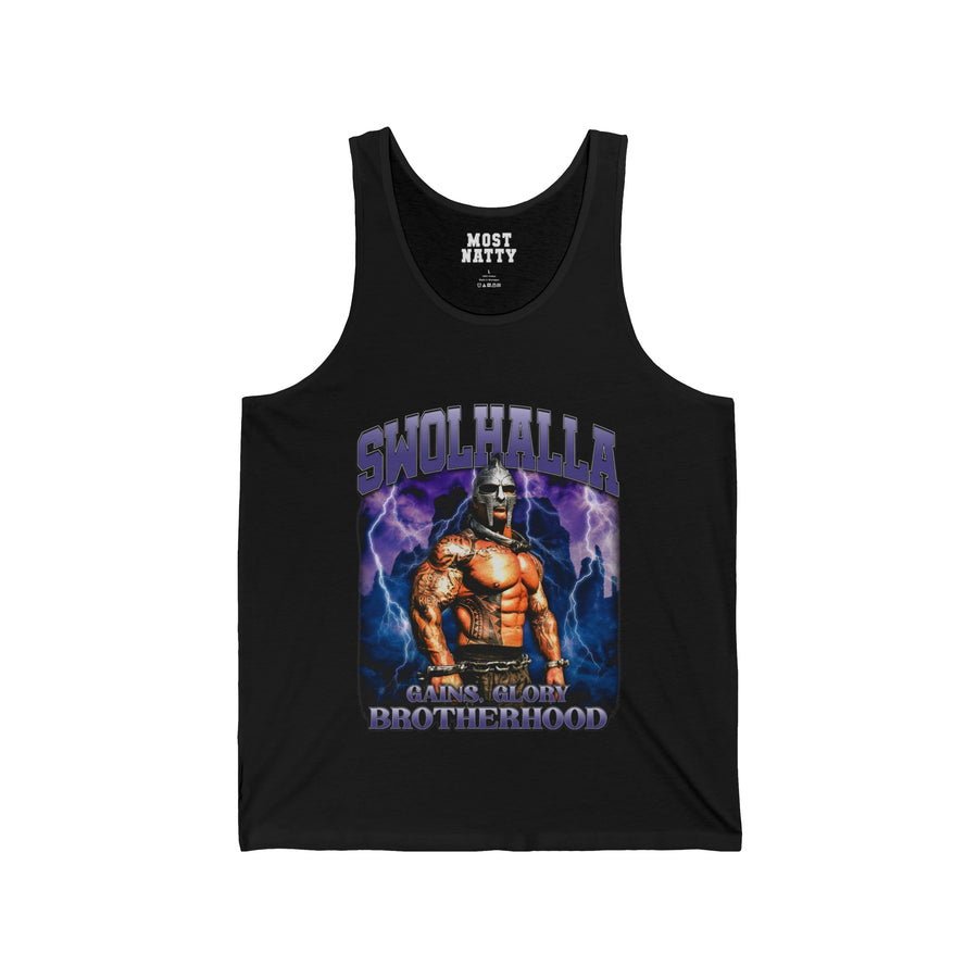 Most Natty Swolhalla gym tank top front flat lay on white background