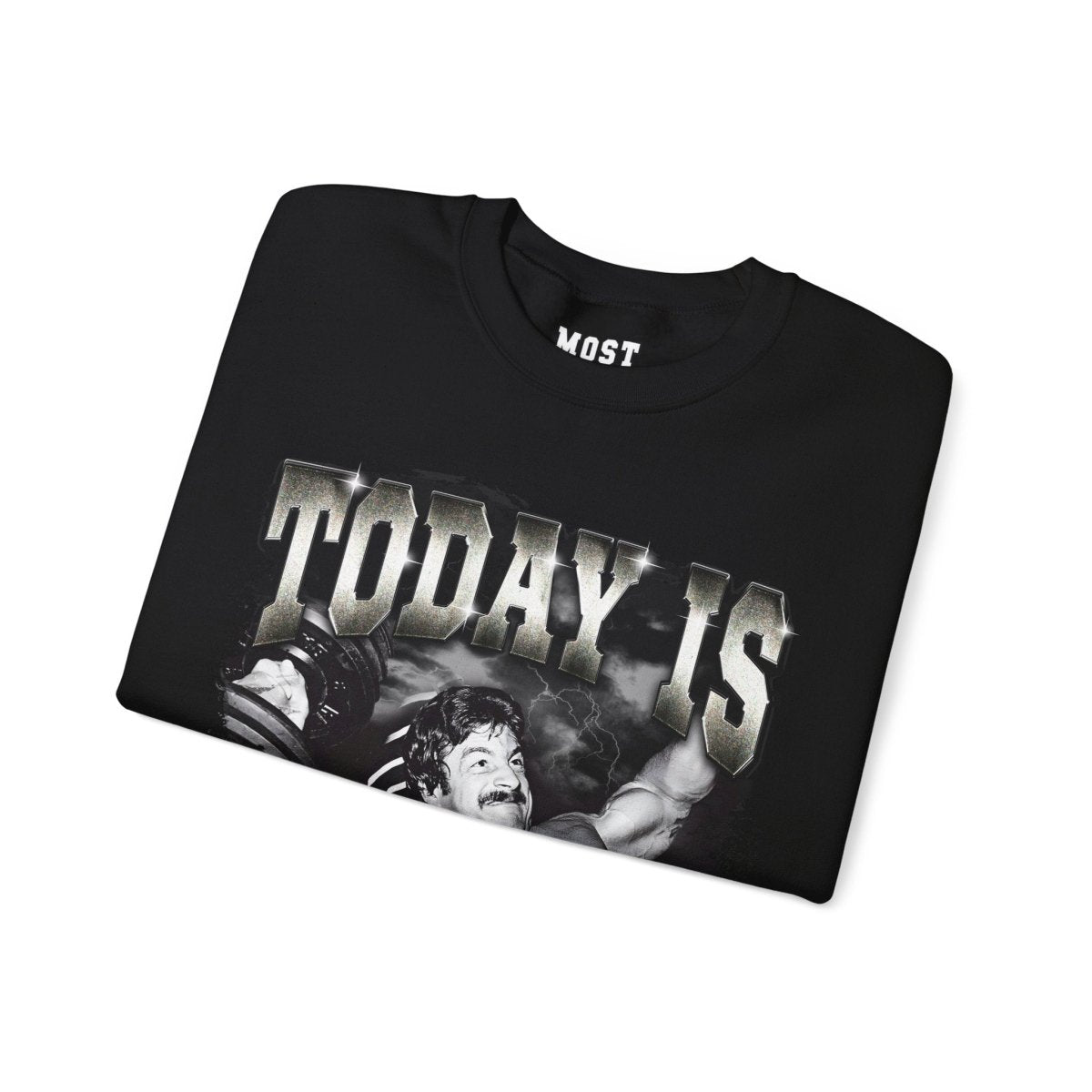 Mike Mentzer Today Is Leg Day gym pump cover crewneck folded showing black fleece fabric and relaxed fit