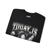 Mike Mentzer Today Is Leg Day gym pump cover crewneck folded showing black fleece fabric and relaxed fit