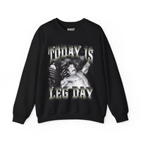 Mike Mentzer Today Is Leg Day gym pump cover crewneck front flat lay on white background