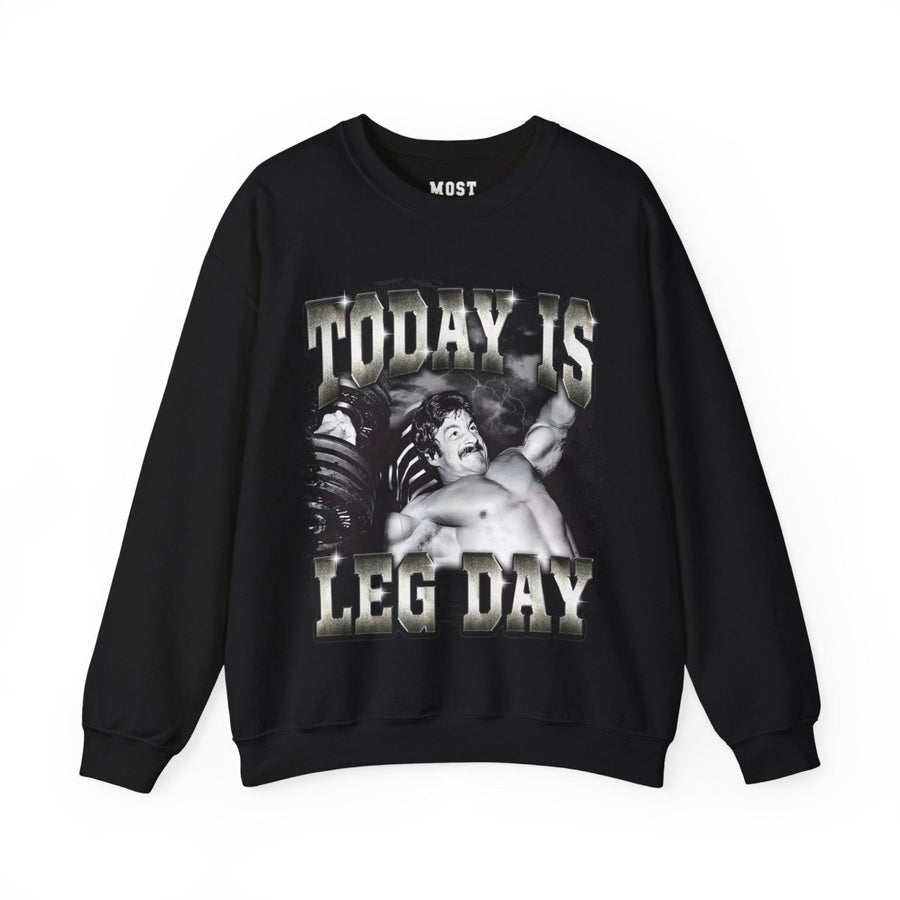 Mike Mentzer Today Is Leg Day gym pump cover crewneck front flat lay on white background