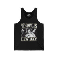 Most Natty Today Is Leg Day gym tank top front flat lay on white background