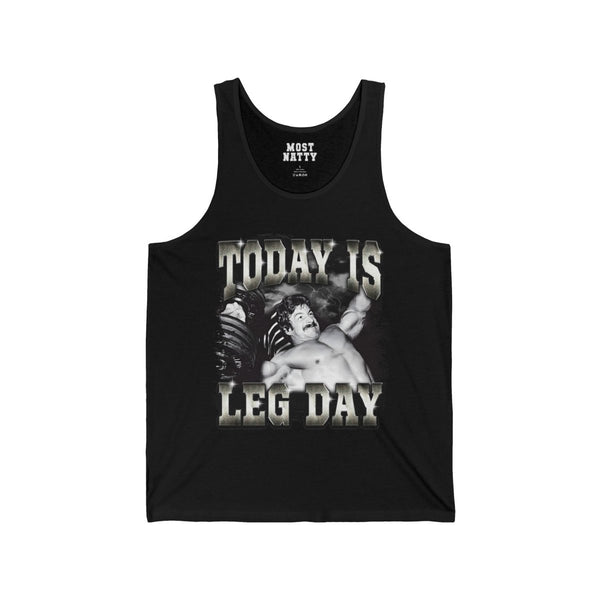 Most Natty Today Is Leg Day gym tank top front flat lay on white background