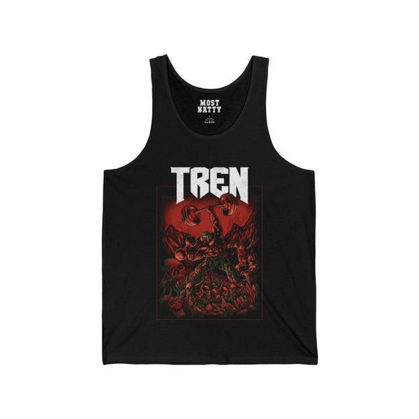 Most Natty Tren Slayer gym tank top front flat lay on white background