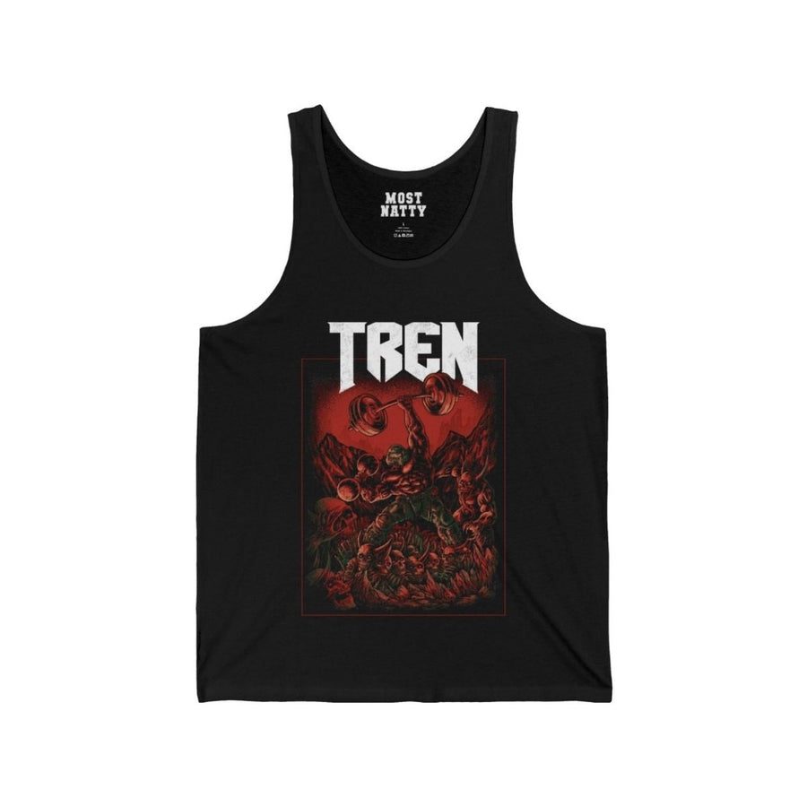 Most Natty Tren Slayer gym tank top front flat lay on white background