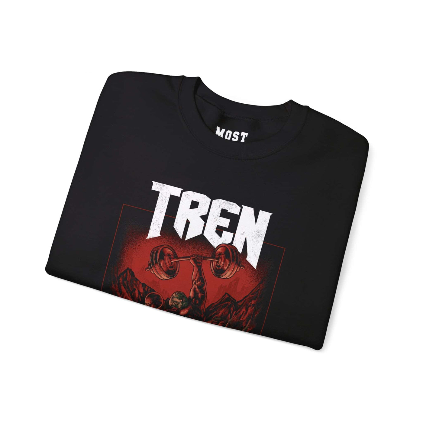 Tren Slayer gym pump cover crewneck folded showing black fleece fabric and relaxed fit