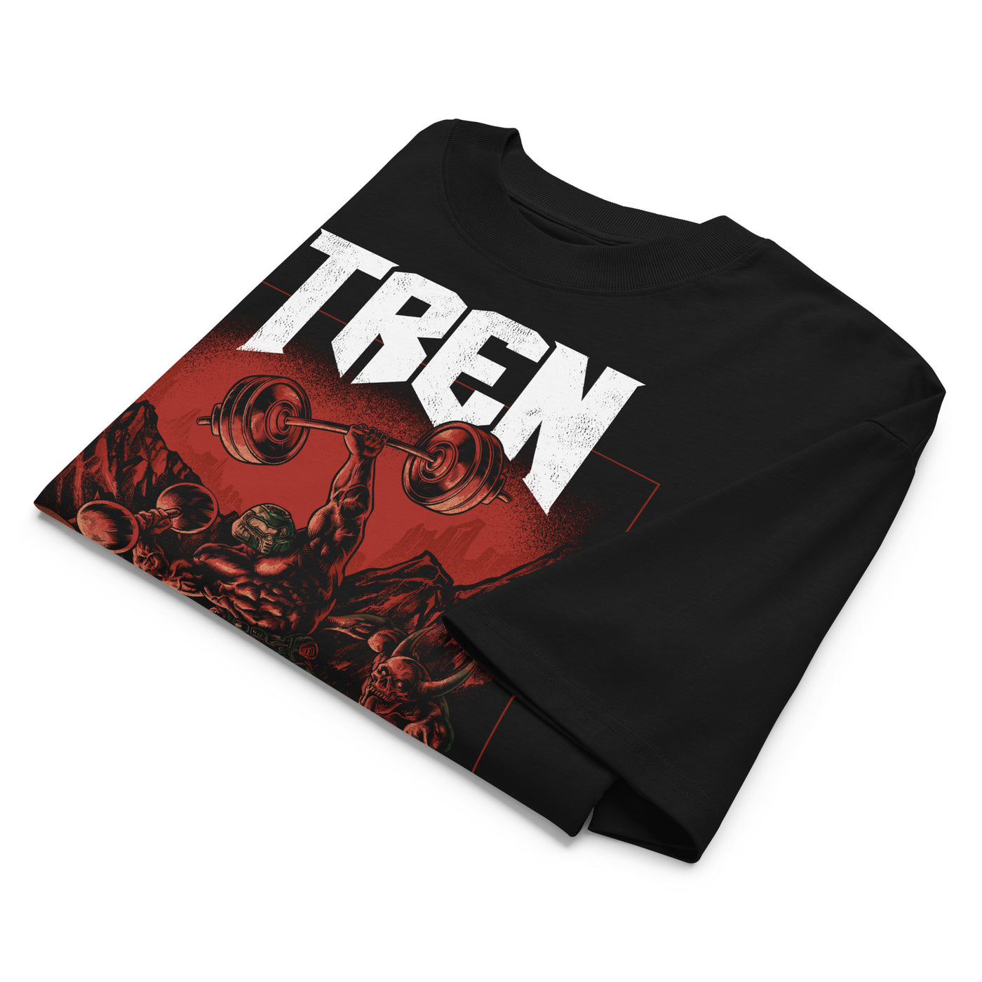 Most Natty Tren Slayer oversized gym t-shirt folded showing black garment fabric and drop-shoulder cut