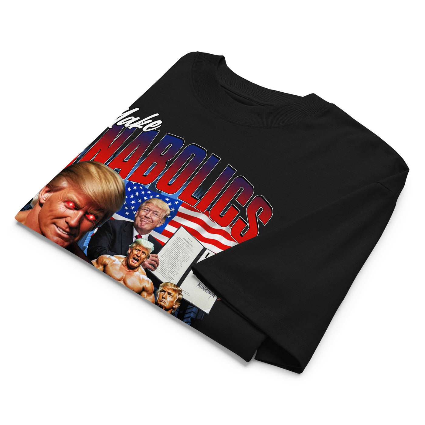 Most Natty Make Anabolics Great Again oversized gym t-shirt folded showing black garment fabric and drop-shoulder cut