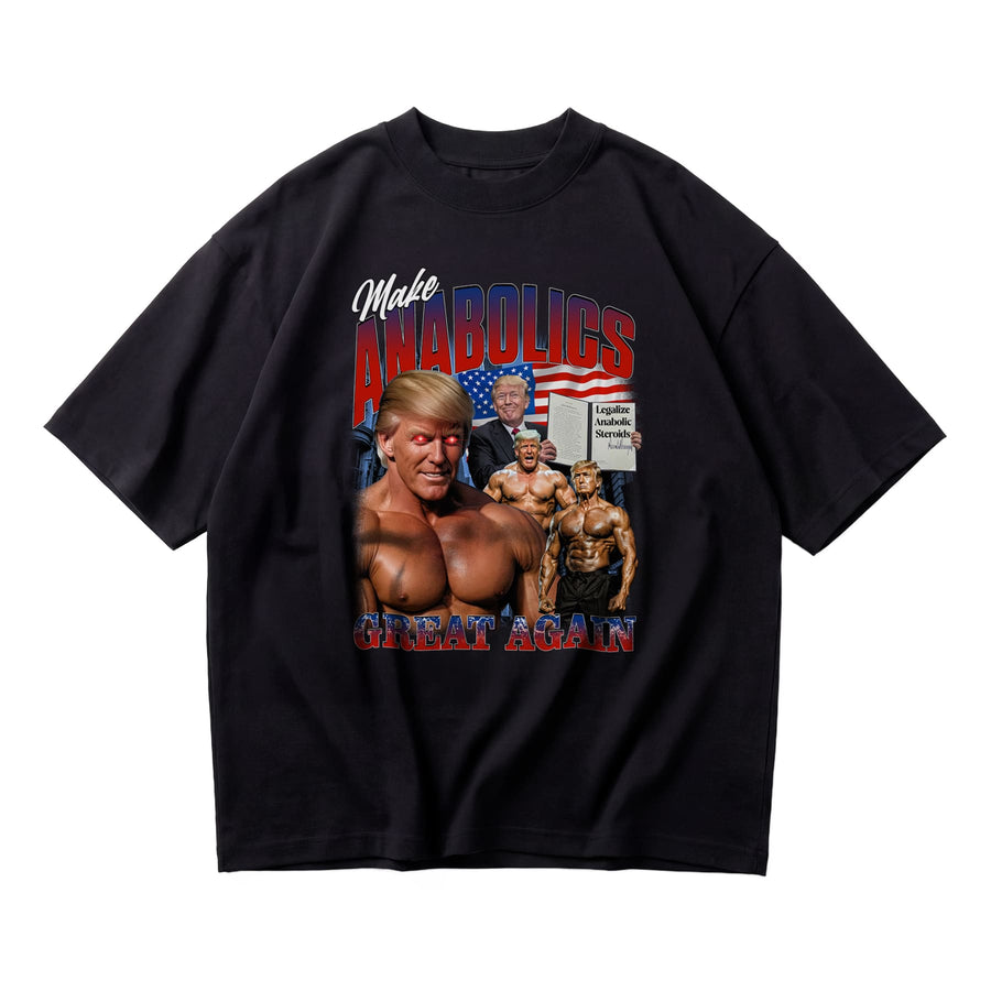 Trump Make Anabolics Great Again oversized gym t-shirt front flat lay on white background